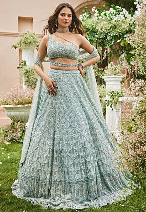 Embroidered Net Lehenga in Sea Green