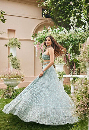Embroidered Net Lehenga in Sea Green