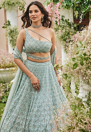 Embroidered Net Lehenga in Sea Green