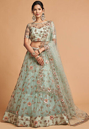 Embroidered Net Lehenga in Sea Green