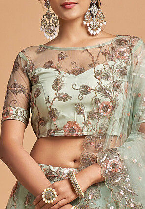 Embroidered Net Lehenga in Sea Green