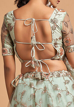Embroidered Net Lehenga in Sea Green