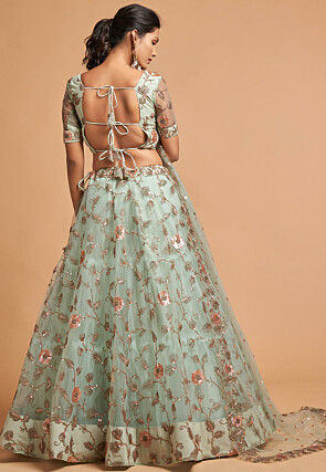 Embroidered Net Lehenga in Sea Green