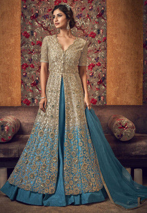 Embroidered Net Lehenga in Shaded Beige and Blue