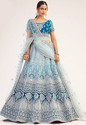 Embroidered Net Lehenga in Shaded Blue