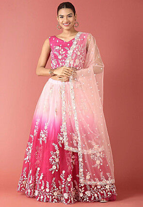 Embroidered Net Lehenga in Shaded Pink