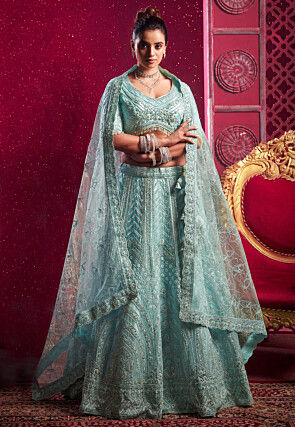 Embroidered Net Lehenga in Sky Blue