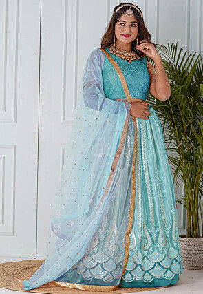 Embroidered Net Lehenga in Sky Blue