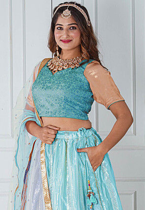 Embroidered Net Lehenga in Sky Blue