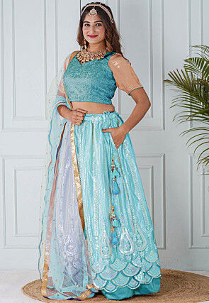Embroidered Net Lehenga in Sky Blue