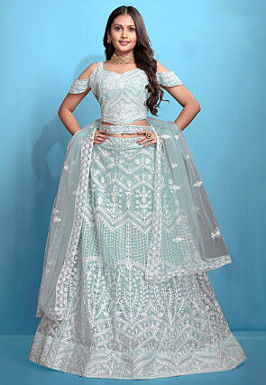 Embroidered Net Lehenga in Sky Blue
