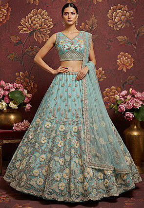 Embroidered Net Lehenga in Sky Blue