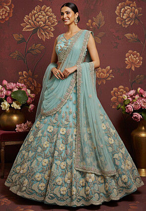 Embroidered Net Lehenga in Sky Blue