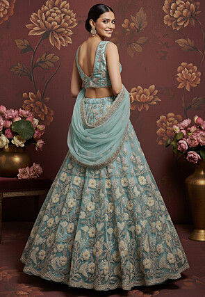 Embroidered Net Lehenga in Sky Blue