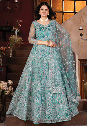 Embroidered Net Lehenga in Sky Blue