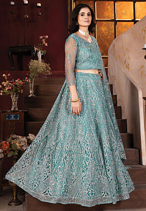 Embroidered Net Lehenga in Sky Blue