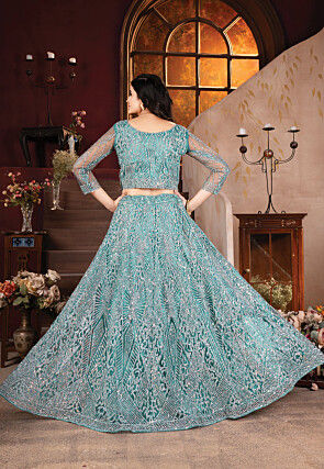 Embroidered Net Lehenga in Sky Blue