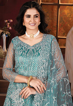 Embroidered Net Lehenga in Sky Blue