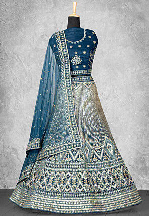 Embroidered Net Lehenga in Teal Blue