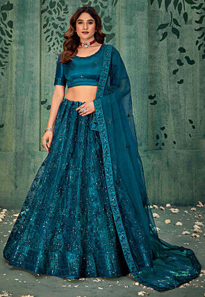 Embroidered Net Lehenga in Teal Blue