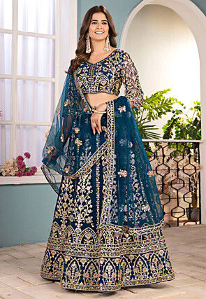 Embroidered Net Lehenga in Teal Blue