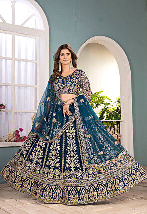 Embroidered Net Lehenga in Teal Blue
