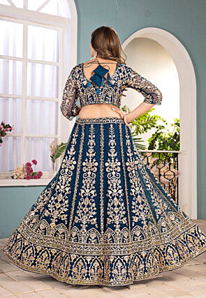 Embroidered Net Lehenga in Teal Blue