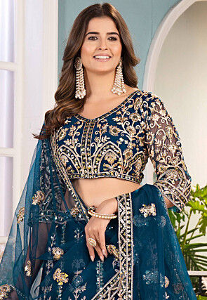 Embroidered Net Lehenga in Teal Blue