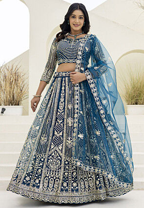 Embroidered Net Lehenga in Teal Blue