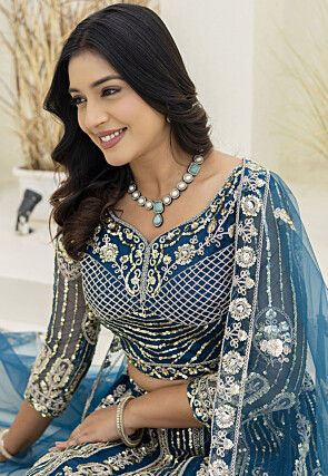 Embroidered Net Lehenga in Teal Blue