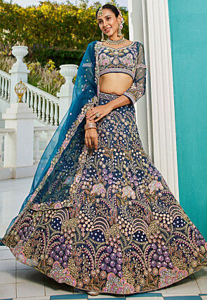 Embroidered Net Lehenga in Teal Blue