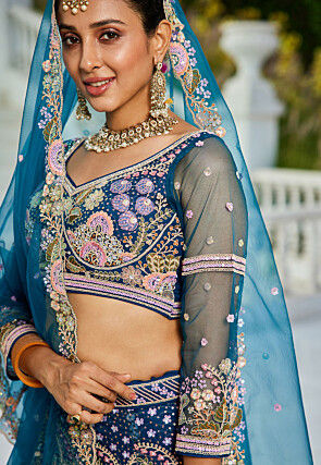 Embroidered Net Lehenga in Teal Blue