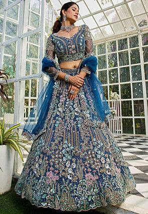 Embroidered Net Lehenga in Teal Blue