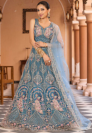 Embroidered Net Lehenga in Teal Blue