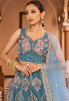 Embroidered Net Lehenga in Teal Blue