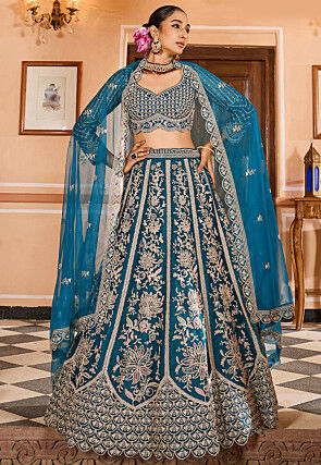 Embroidered Net Lehenga in Teal Blue
