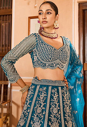 Embroidered Net Lehenga in Teal Blue