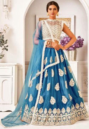 Embroidered Net Lehenga in Teal Blue