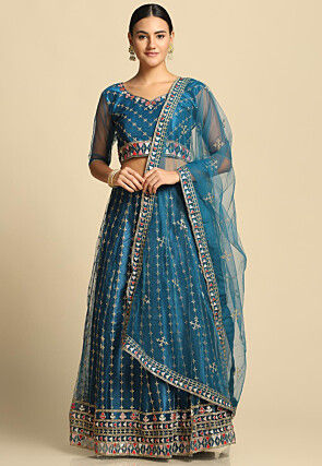 Embroidered Net Lehenga in Teal Blue