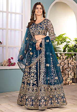 Embroidered Net Lehenga in Teal Blue
