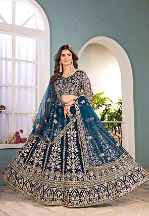 Embroidered Net Lehenga in Teal Blue
