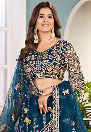 Embroidered Net Lehenga in Teal Blue
