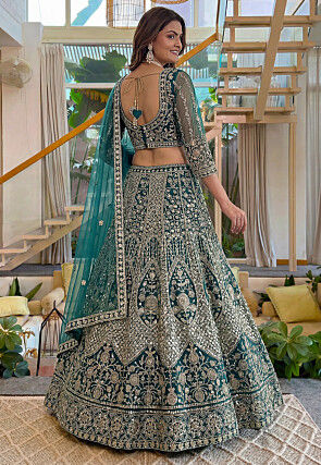 Embroidered Net Lehenga in Teal Blue