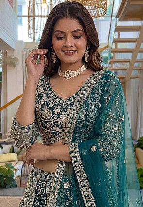 Embroidered Net Lehenga in Teal Blue