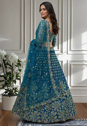 Embroidered Net Lehenga in Teal Blue