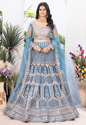 Embroidered Net Lehenga in Teal Blue