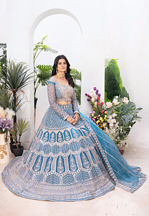 Embroidered Net Lehenga in Teal Blue