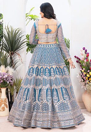 Embroidered Net Lehenga in Teal Blue