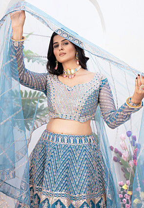 Embroidered Net Lehenga in Teal Blue