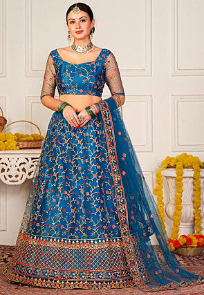 Embroidered Net Lehenga in Teal Blue